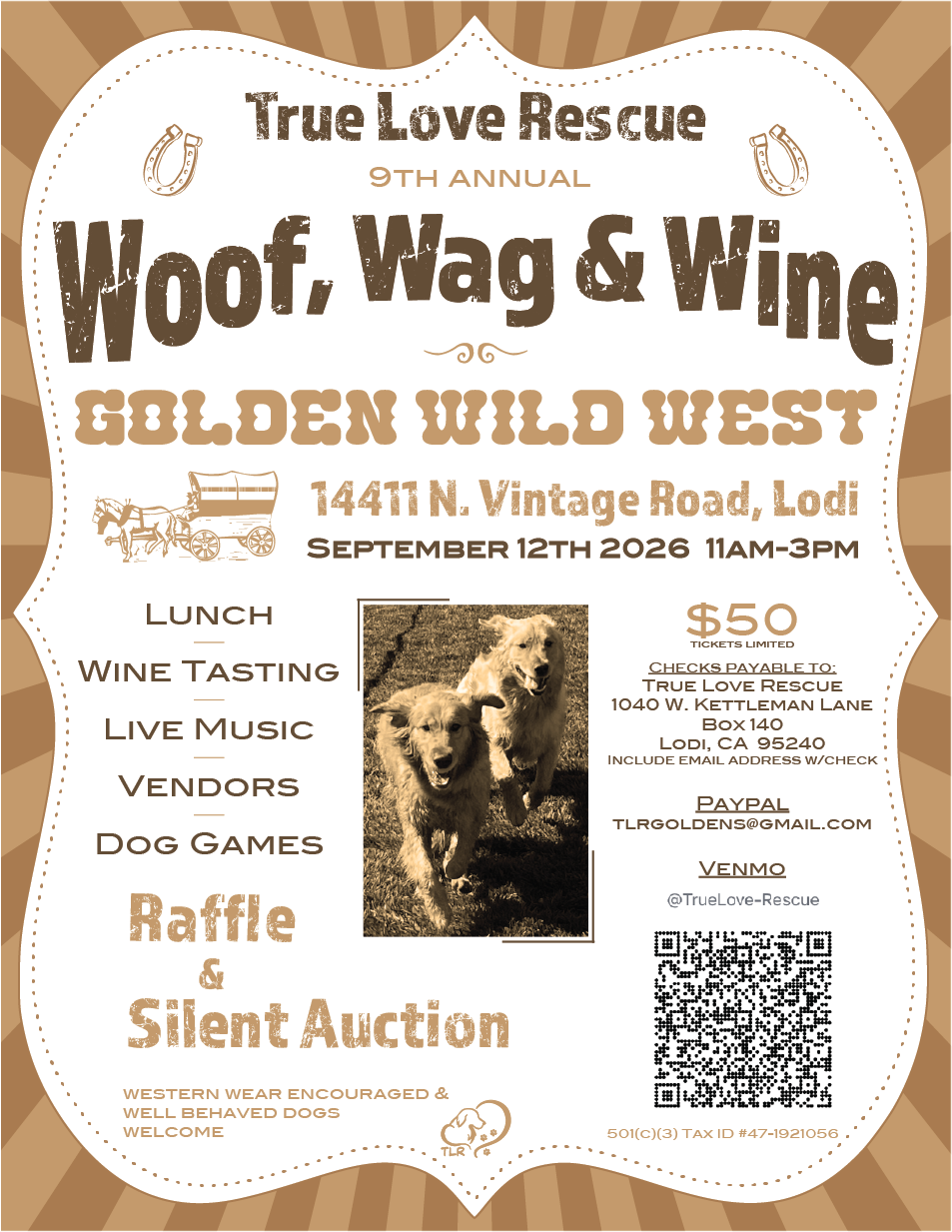Golden Retriever Rescue - True Love Rescue - Annual fundraiser event - Wood, Wag & Wine - September 12, 2026